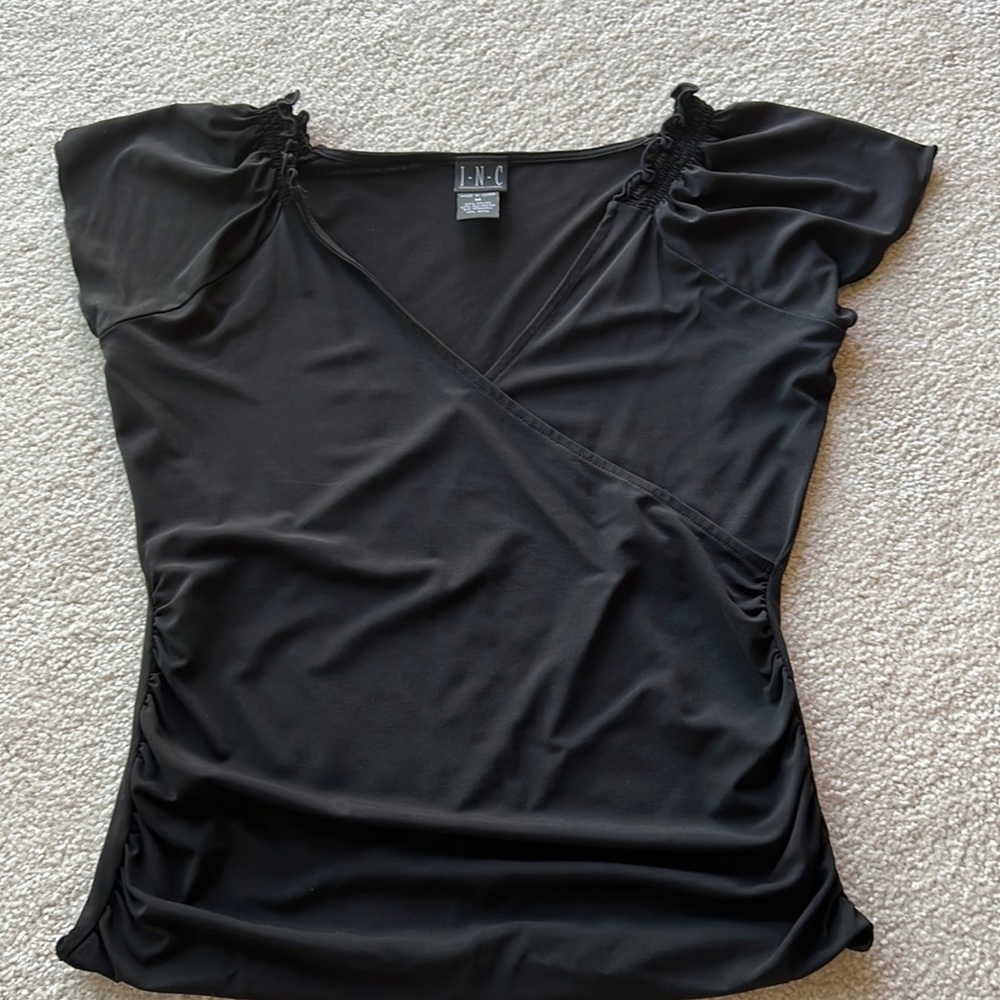 Faux wrap black top with cap sleeves, medium